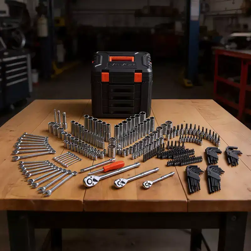 VEVOR Mechanics Tool Set, 297-Piece Mechanic Tool Kit, 1/4 in, 3/8 in, and 1/2 in Drive, SAE and Metric Socket Set, Wrenches, Screwdriver Bits,Black