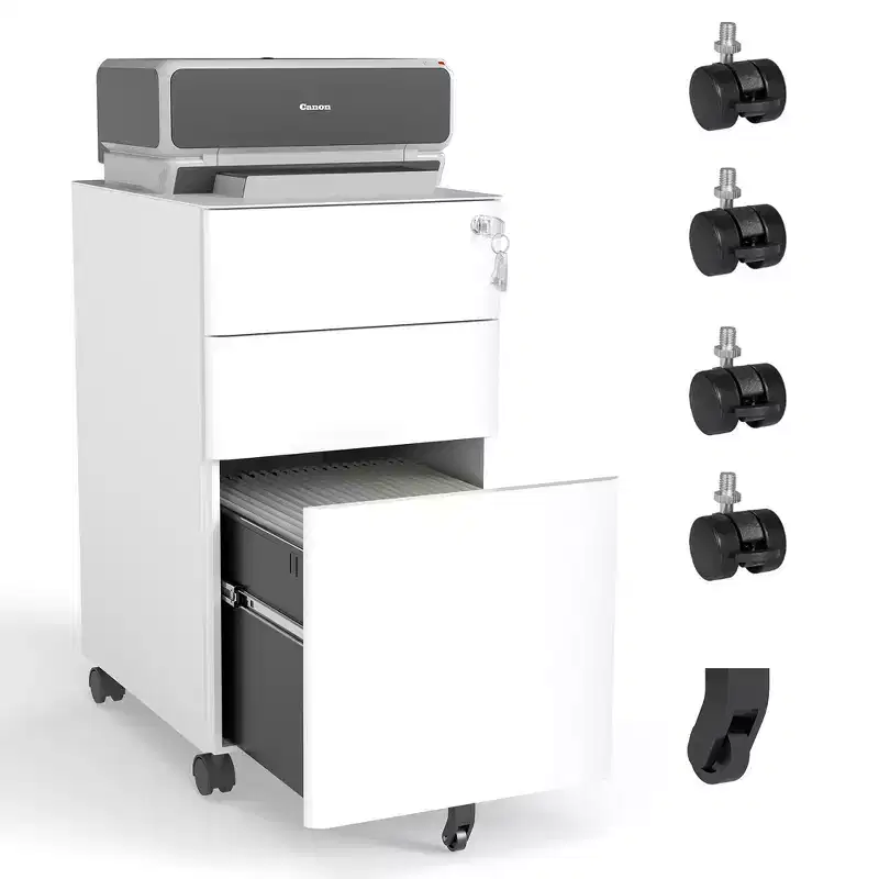 3-Drawer Mobile File Cabinet with Lock - All-Steel Anti-Tip Design, Shallow + Deep Drawer, White for Office/Home (Fits A4/Letter)