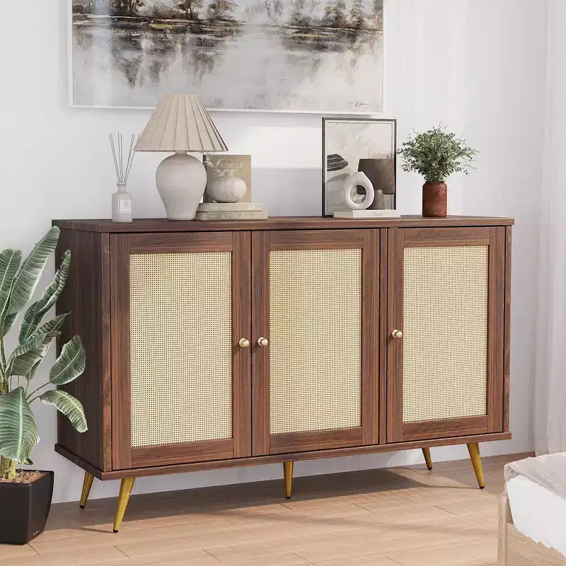 Celebalcony Rattan Storage Cabinet, Modern Sideboard Cabinet, Accent Large Storage Space Cabinet with Rattan Decorated Doors for Living Room