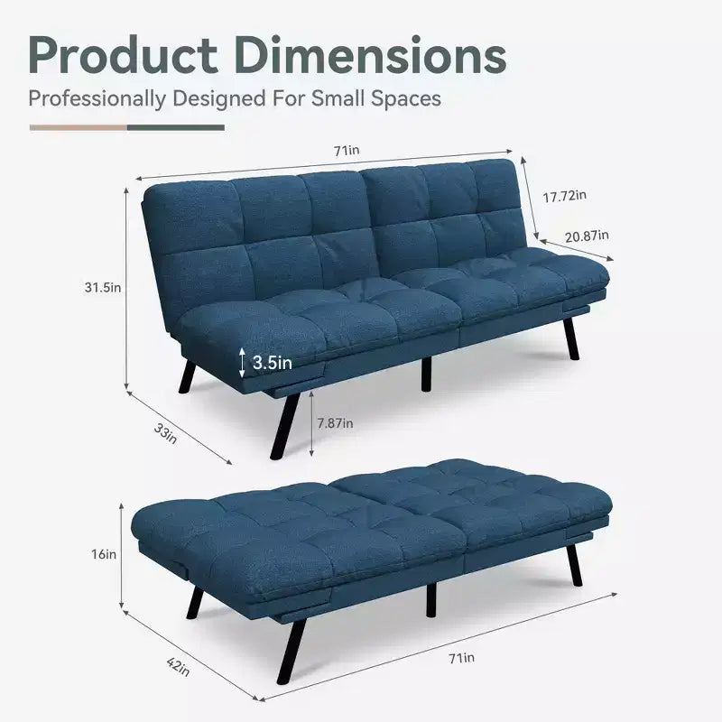 Dyonery Futon Sofa Bed Convertible Couch, Linen Sofa Bed with Memory Foam, Adjustable Backrest & Armrests, Multifunctional Small Loveseat Sleeper Sofa