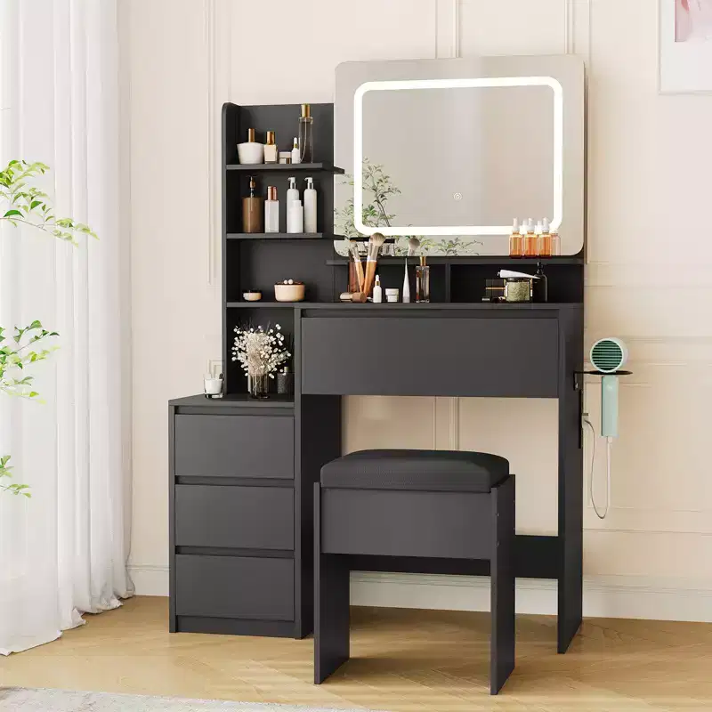 Vanity Desk With Mirror, 36-Inch Makeup Vanity Desk, Stool, 3 Color Adjustable Light, Dressing Table With 4 Drawers, Storage Shelves for Bedroom