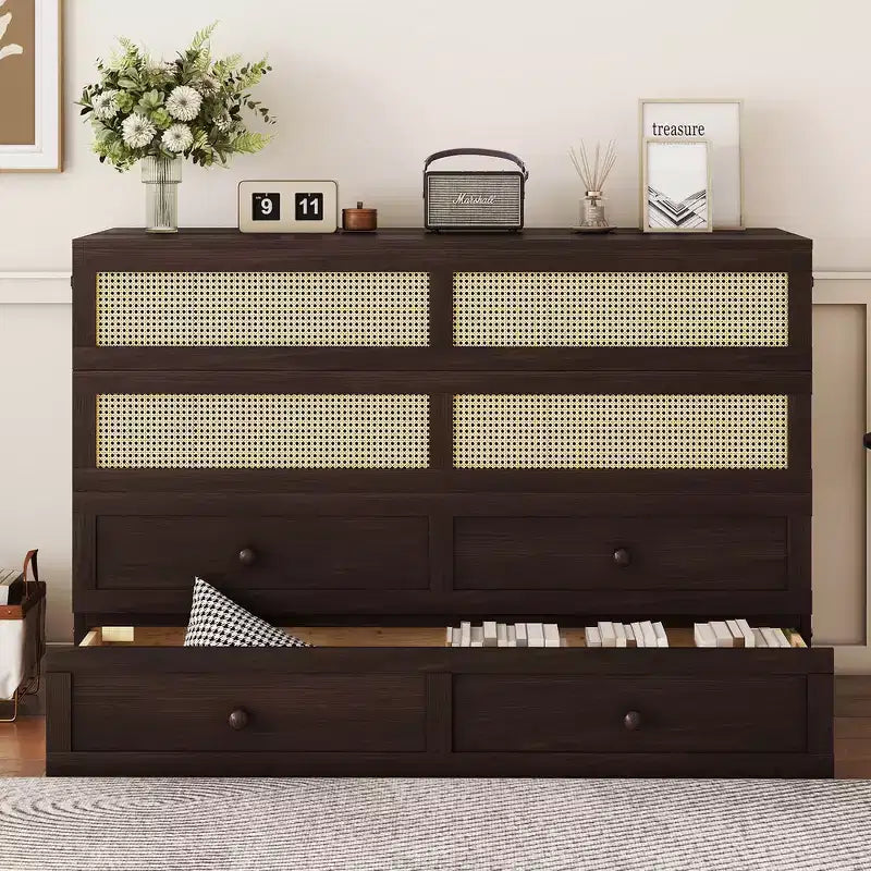Queen Size Pine Wood Murphy Bed with Rattan Decoration & Storage Drawer