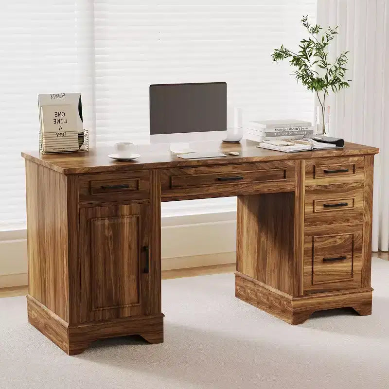 Farmhouse Home Office Executive Desk with Storage, Wooden Writing Desk with 5 Drawers & Cabinet, Rustic Computer Table for Living Room Bedroom Study