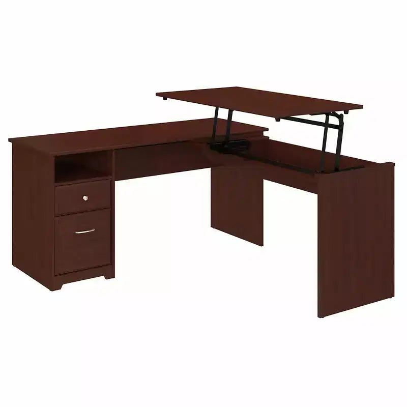 Harvest Cherry, L-Shaped, Sit-to-Stand Desk with Drawers – 1 Person