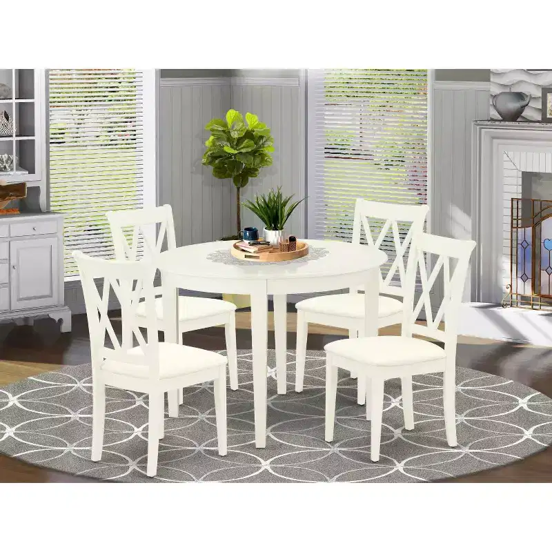 5 Piece Dinette Set - Round Kitchen Table & 4 Dining Chairs - 42 Inch - Linen White