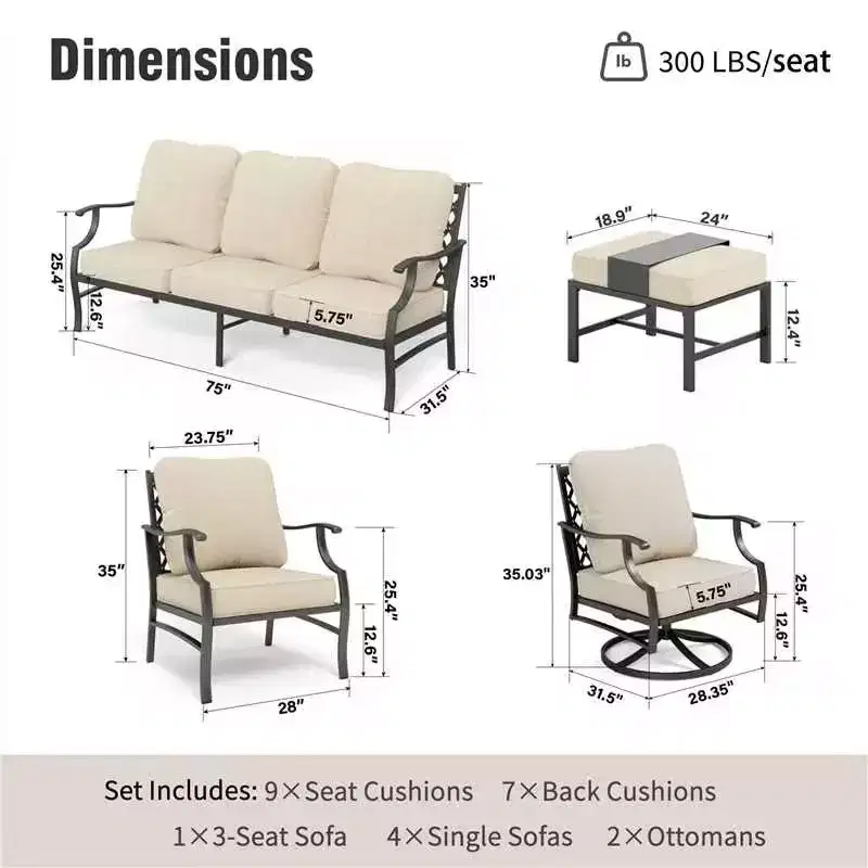 Captiva Designs 7pc Metal Patio Outdoor Conversation Set with Swivel Grid-back Chairs, Ottomans for Garden, Poolside, Backyard