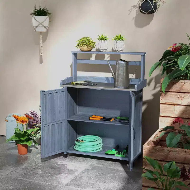 Whisen Patio Wooden Potting Bench, Outdoor Garden Work Station Table with Storage Cabinet, 2 Shelves & Galvanized Plated Tabletop