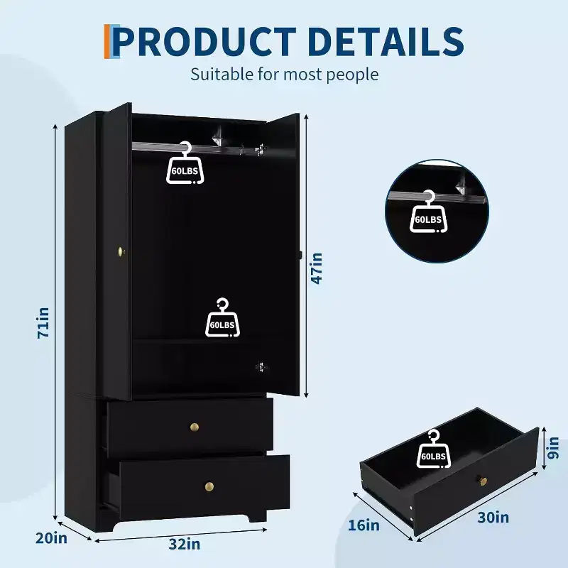 COZONY 2-Door Wardrobe Storage Cabinet, Flat Panel MDF Sideboard Buffet Cabinet for Bedroom, Dining Room & Home
