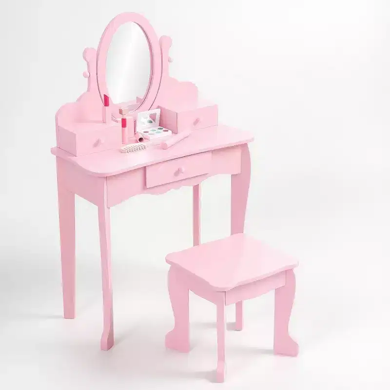 Pink Kids Vanity Girls Wooden Makeup Table with Adjustable Mirror & Stool, Dress-Up Playset for Ages 4-9