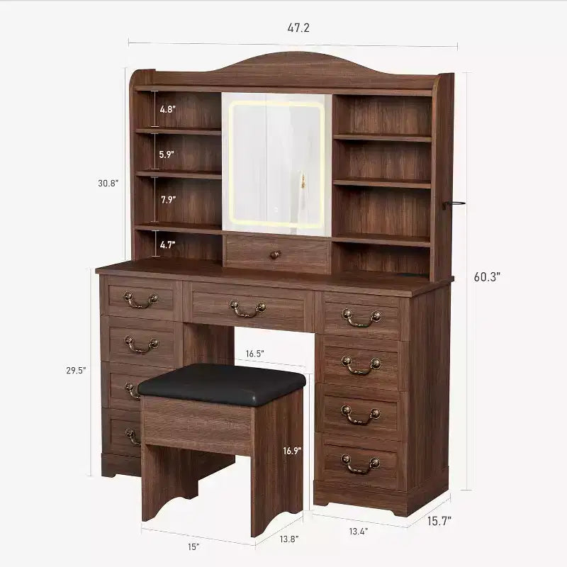 Retro Double-Side Cabinet Vanity Table, MDF Material, Walnut Color, for Bedroom Dressing Area