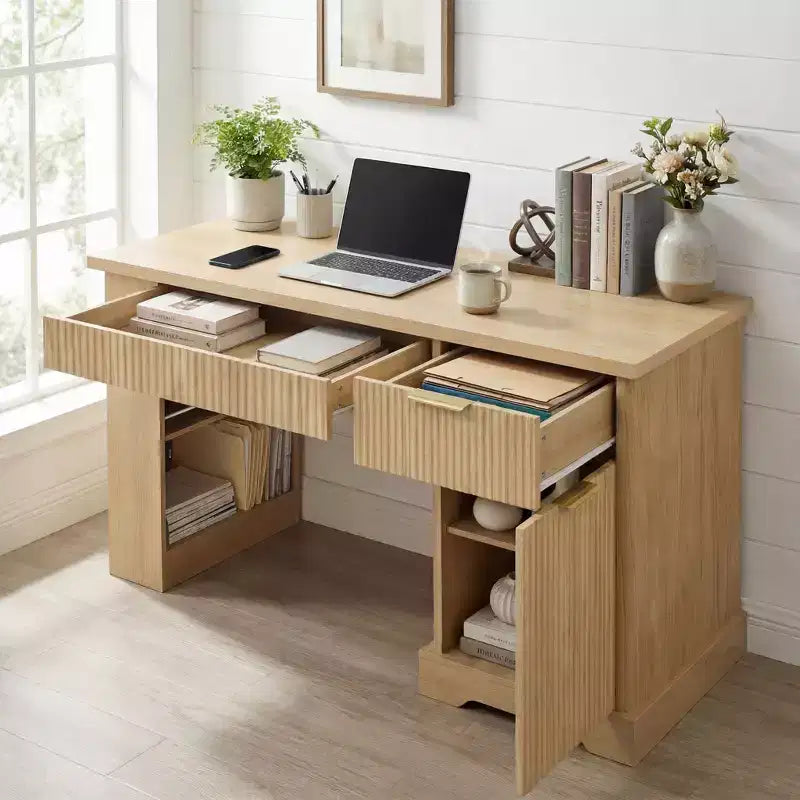 Okak Modern Fluted Wood Computer Desk with Cabinet & Pegboard & Keyboard Tray,Fashionable Storage Writing Desk for Office,Study