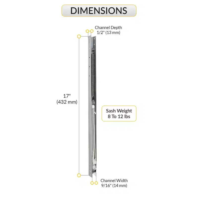 Brixwell Window Channel Balance 17 Length, 9/16 Channel Width, For 8 To 12 lbs Sash Weight, Without Sash Guides, Aluminum Finish