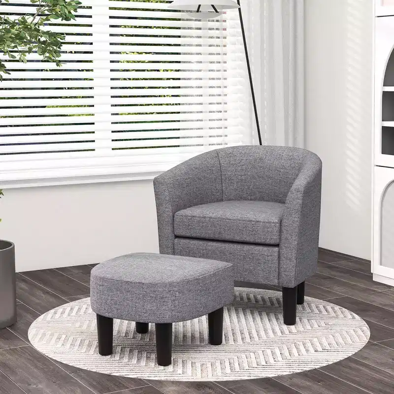 Costway Barrel Club Chair with Ottoman Set Footrest Curved Back & Removable Seat Cushion Grey/Beige