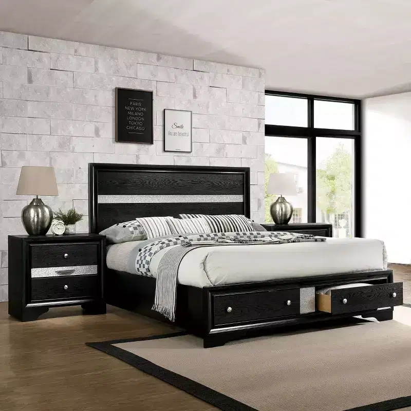 2pc Queen Whether by Bed with Nightstand Black - miBasics: Modern Luxury Bedroom Set, Built-In Drawer, Anti-Tip Hardware