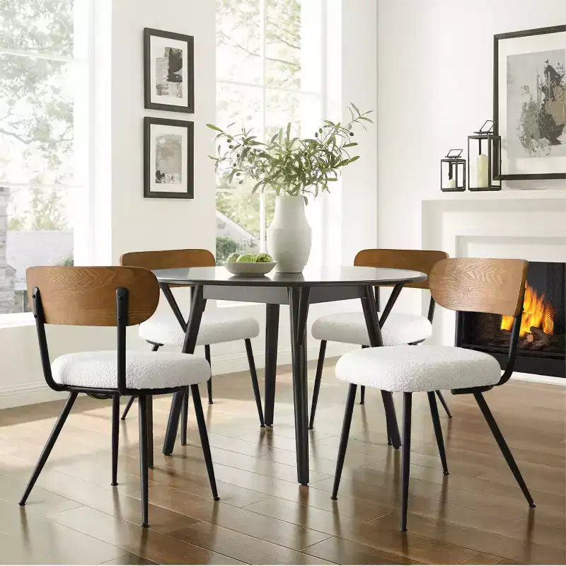 Mid-Century Modern Upholstered Dining Chairs Set of 4, Armless Side Chairs with Black Metal Legs, Boucle Seats and Curved Backrest - Panipeachy