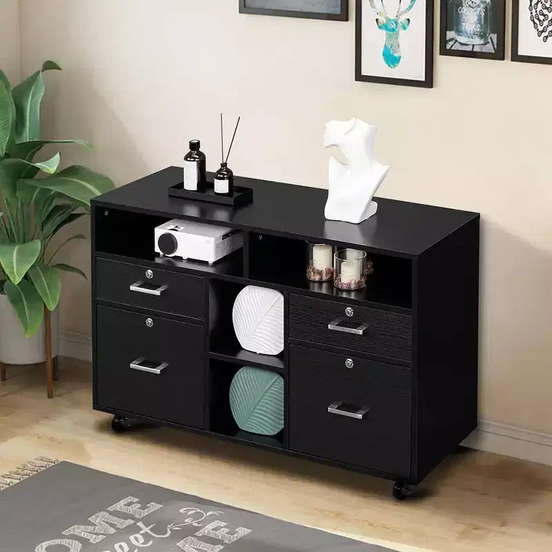 VINGLI Wood Mobile File Cabinet with 4 Drawers and Shelves, Printer Stand with Open Storage, Locking Lateral Filing Cabinet for Home Office