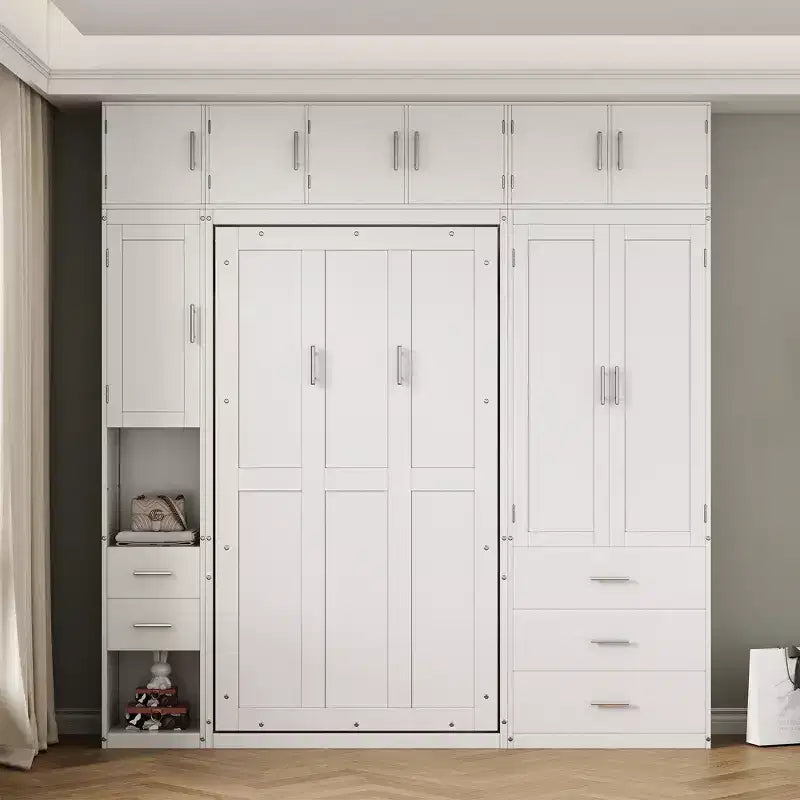 Murphy Bed Cabinet with Lockers and Storage Wardrobes Shelves, Wood Foldable Hidden Wall Platform Bedframe Chest, White