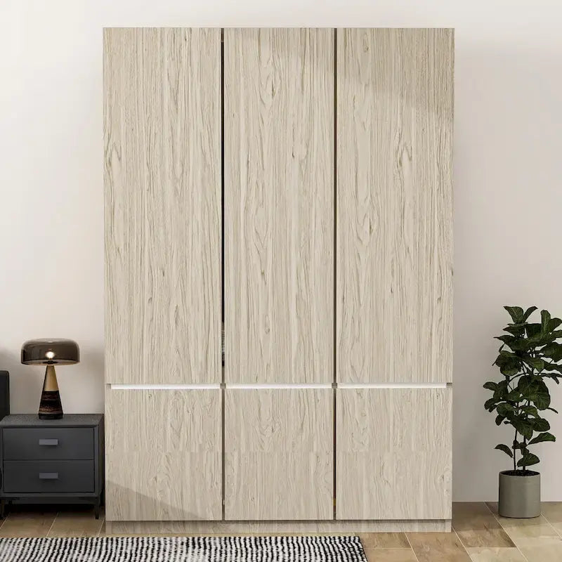 6-Door Freestanding Wardrobe with Hanging Rail & 7 Compartments | Natural
