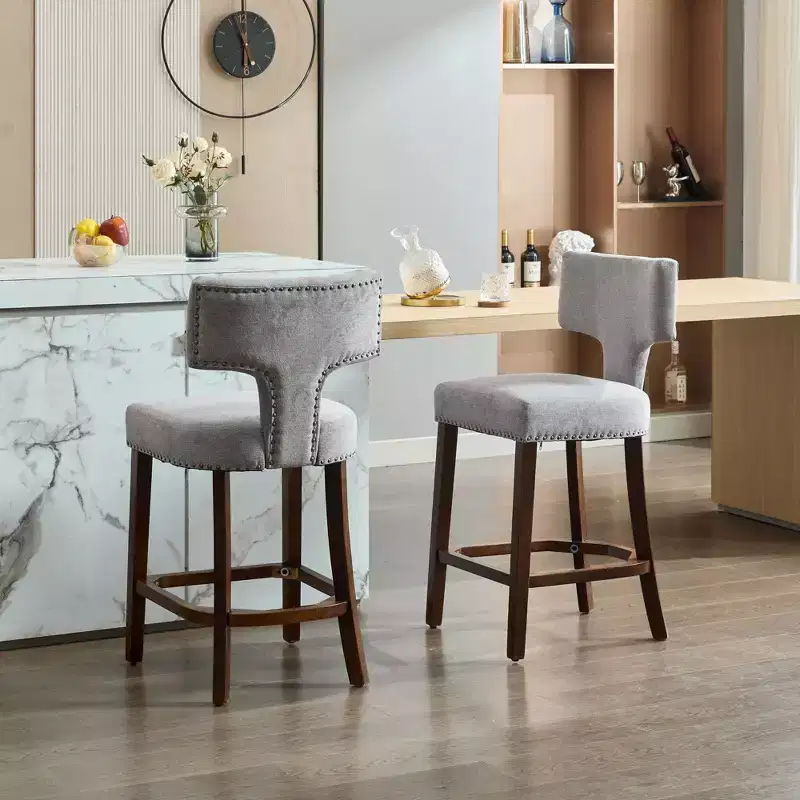 CLIHOME Set of 2 Mid Century Counter Height Bar Stools, Farmhouse Linen Fabric Upholstered Kitchen Accent Chair Curved Backrest
