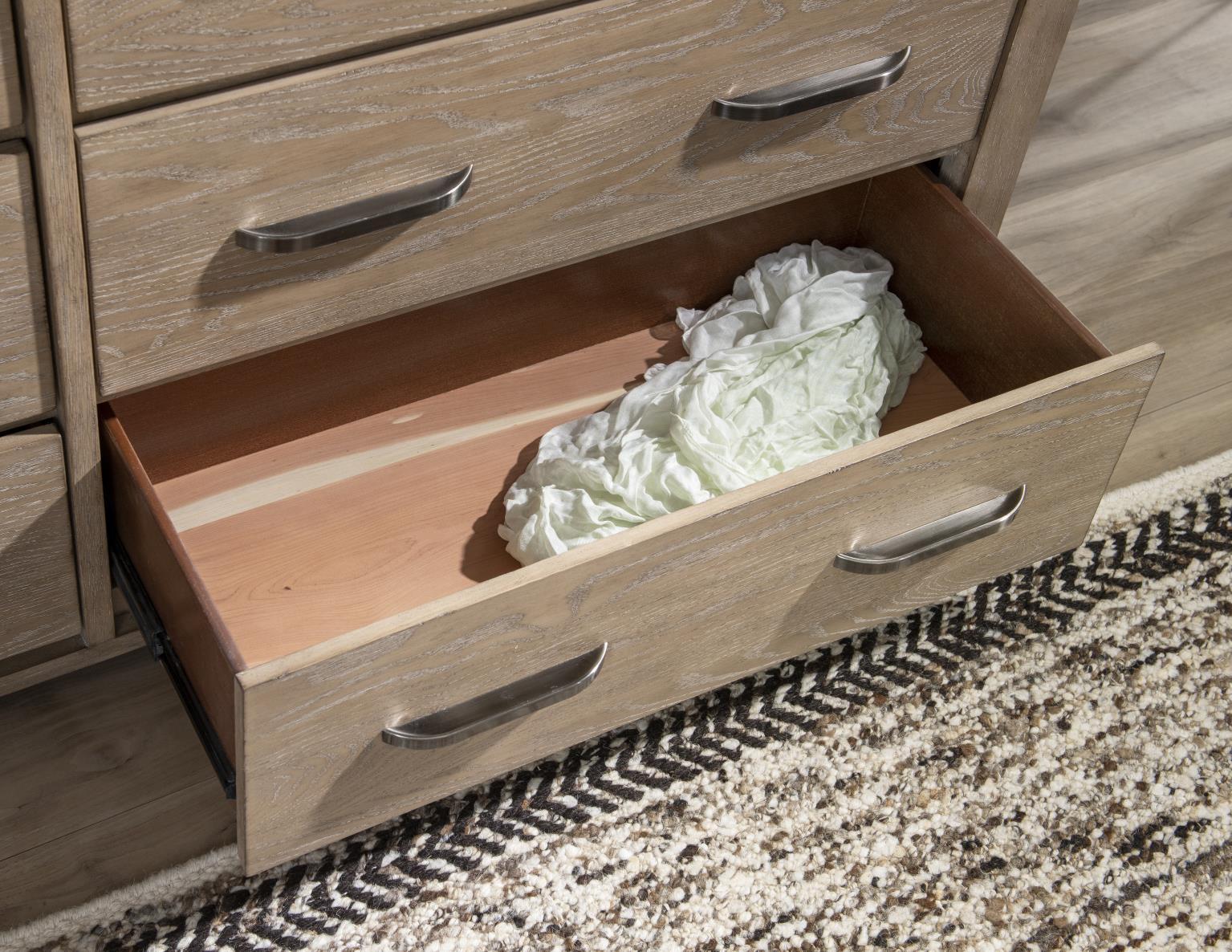 6 Drawer Dresser - Sandstone — The soft Sandstone finish is accented by brushed silver hardware creating a clean