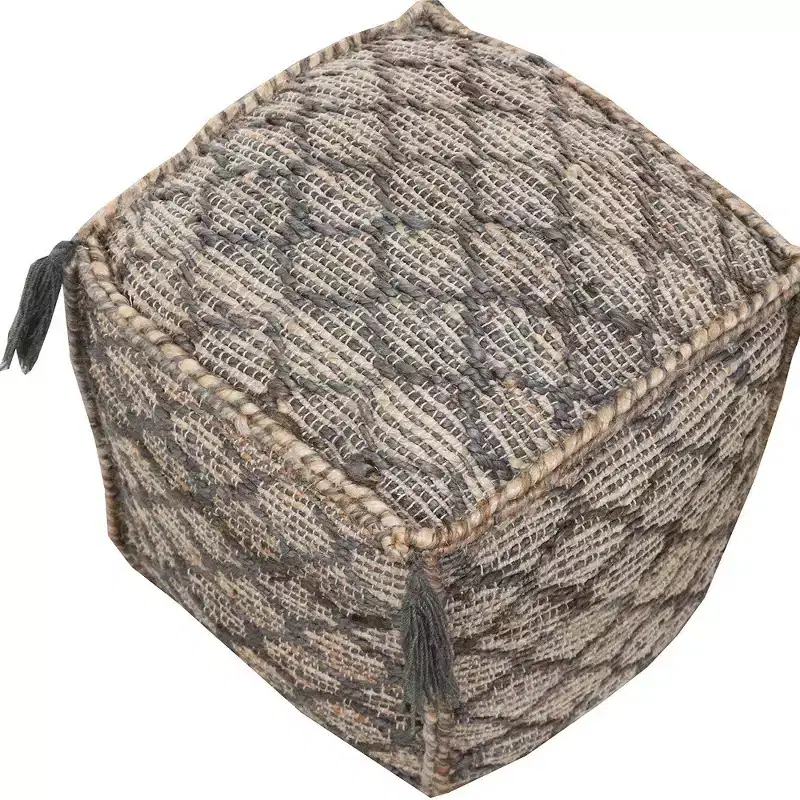 HomeRoots 18 Natural Gray And Taupe Jute Cube Trellis Pouf Ottoman