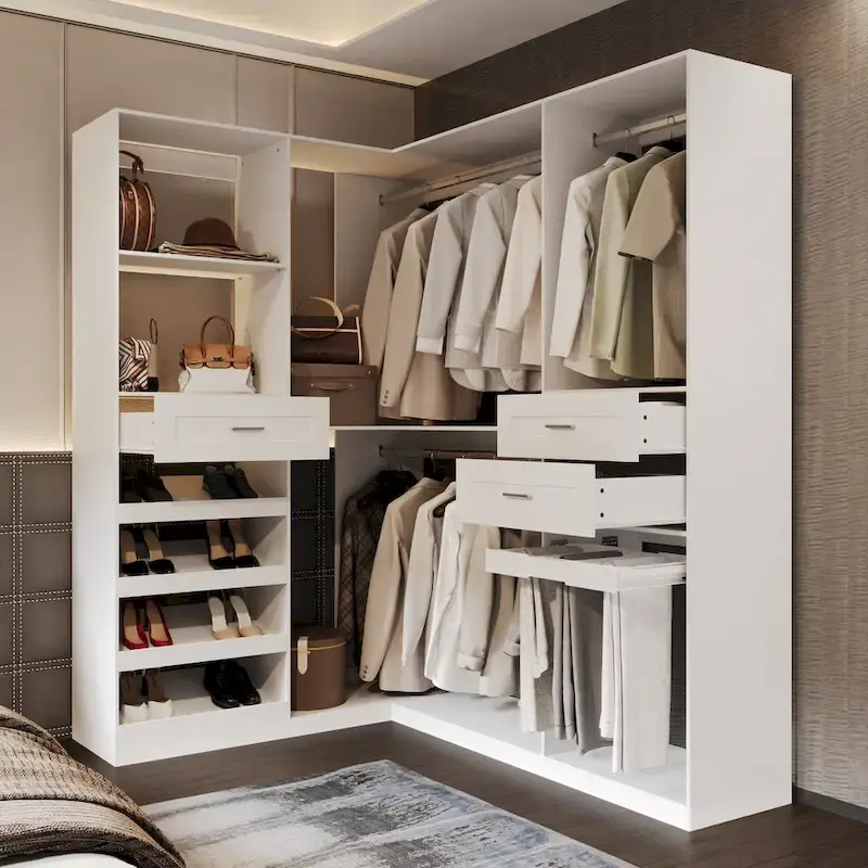 Corner Wardrobe Closet with 2 Hanging Rods, Pants Rack, and Shoe Storage Organizer Armoires