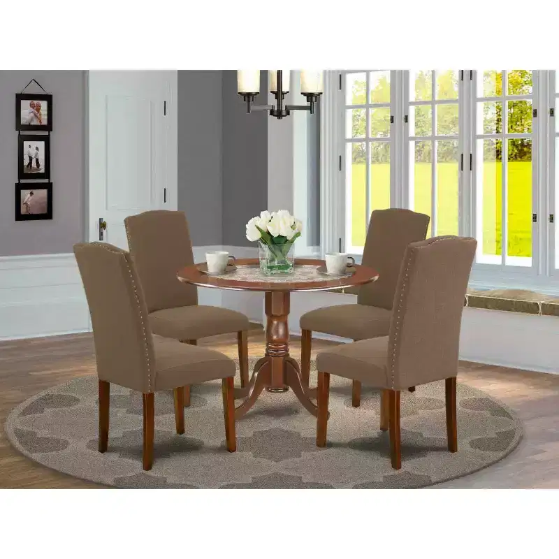Round Kitchen Table Set 5pc 42 Table w/ Drop Leaves & 4 Parsons Chairs - Rustic Dining Set