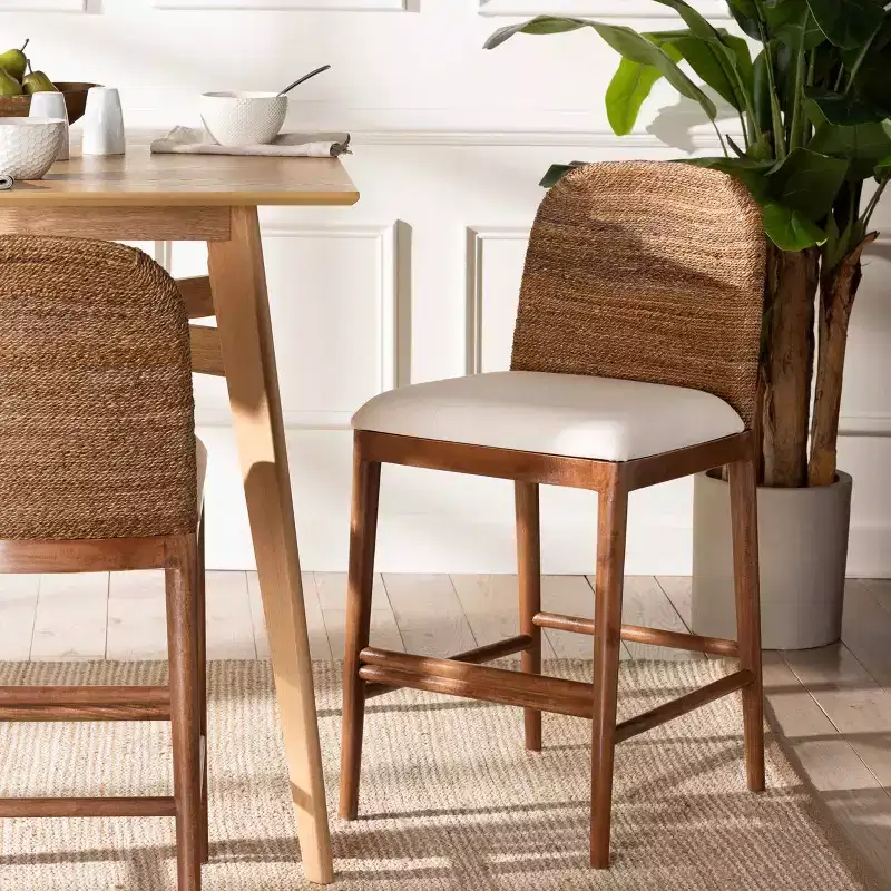 bali & pari Nadim Natural Seagrass and Acacia Wood Counter Height Barstool Set White/Natural: Polyester Upholstery, Spot Clean