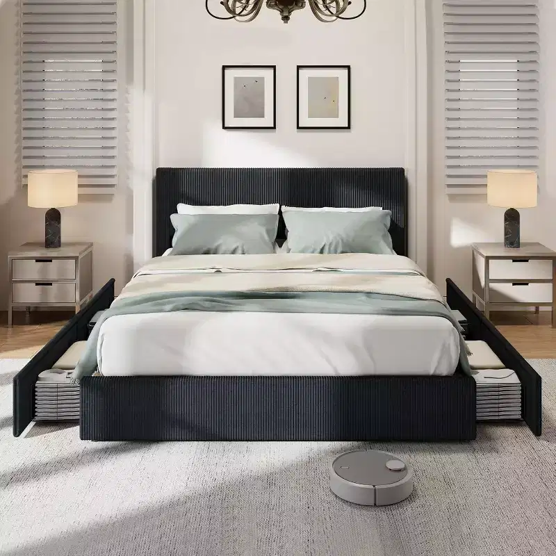Corduroy Bed Frame - Upholstered Platform w/ 4 Storage Drawers, No Box Spring Needed
