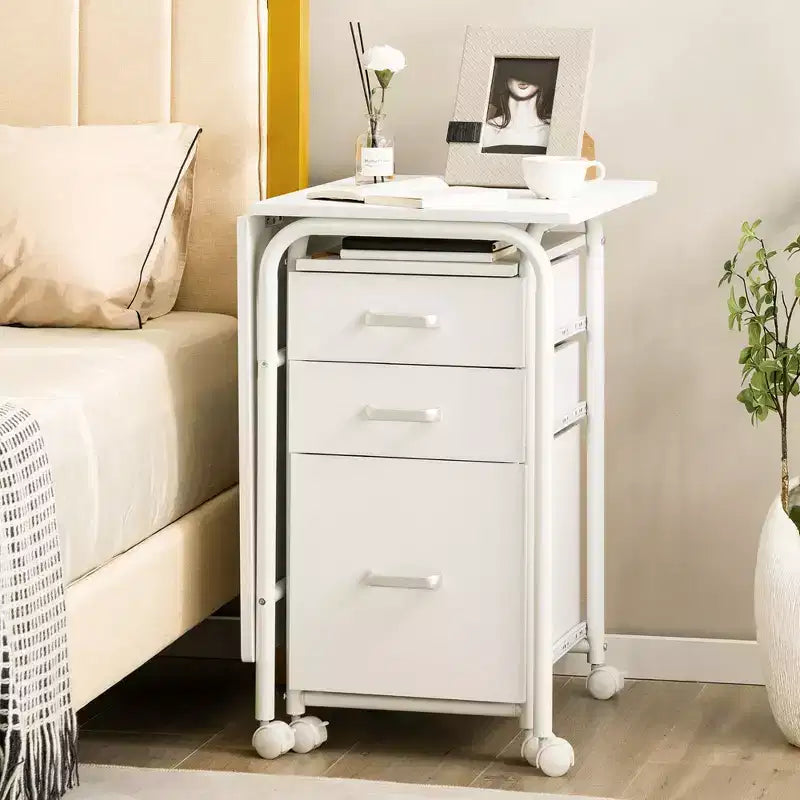 Costway Folding Computer Laptop Desk Wheeled Home Office Furniture w/3 Drawers White