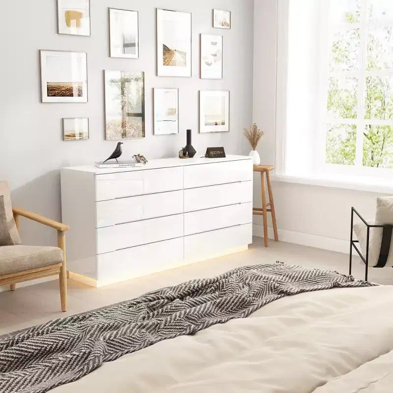 8 Drawer Dresser with Underlight - High Gloss Modern Chest of Drawers