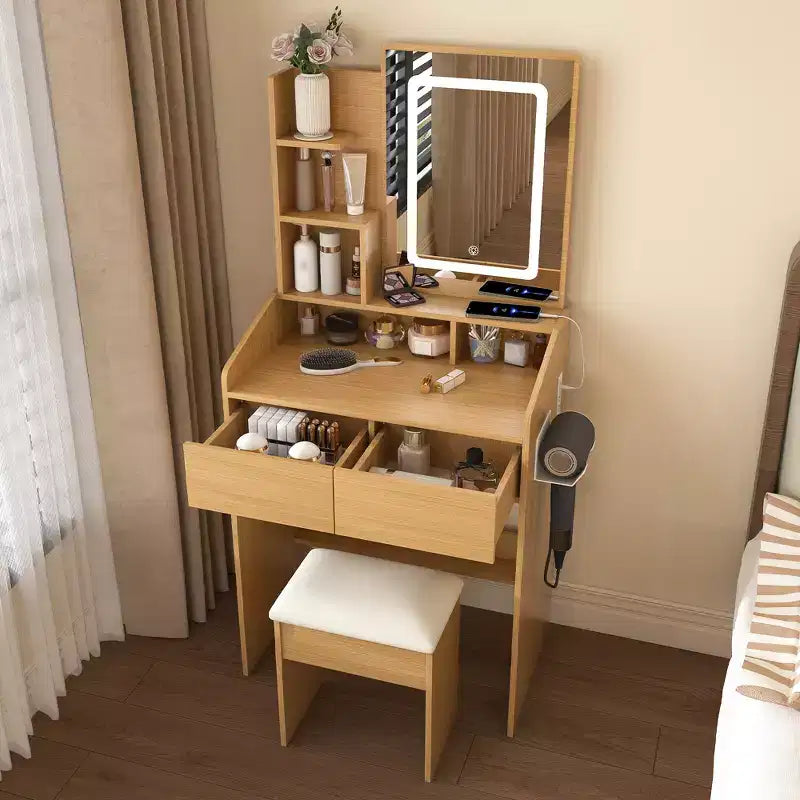 Modern Vanity Table with LED-Illuminated Mirror and Storage