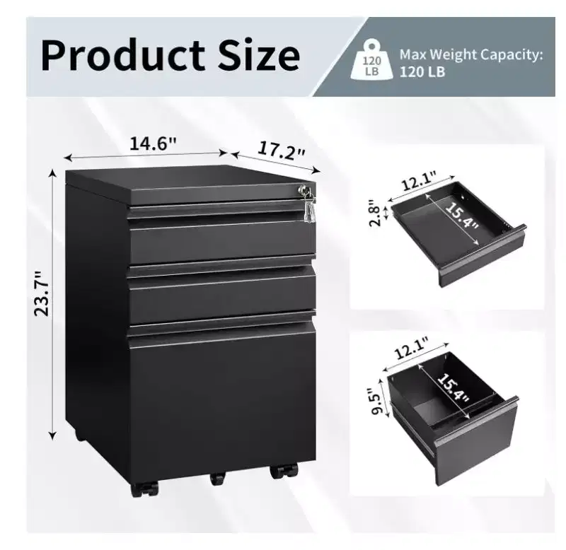 CuisinSmart 3 Drawer File Cabinet, with 4 Wheels, Locking File Cabinet for A4, Letter-Head, Legal-Size Folders, File Cabinet for Office&Study