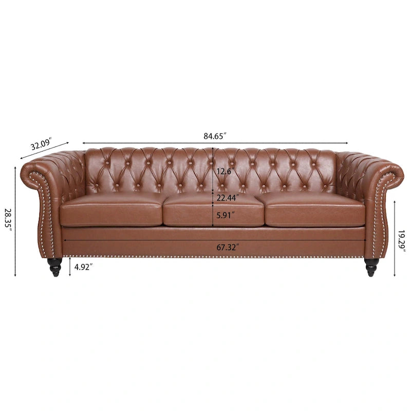 84 Mid-Century Modern 3-Seater Chesterfield Sofa, PU Leather, Birch Legs, 660 lbs