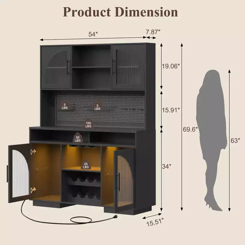SOLACE FURNITURE 71 Pantry Cabinet, Kitchen Cabinet with Charging Station, Kitchen Hutch Storage with Pegboard and LED Light