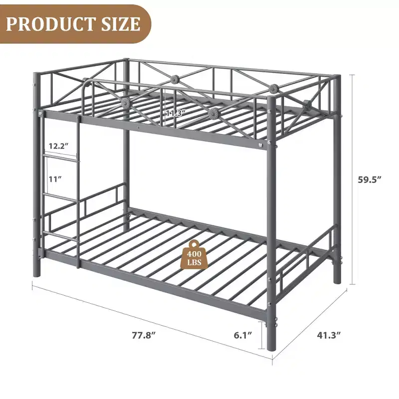 Acekool Metal Bunk Bed Twin Over Twin with Guard Rails Space Saving Steel Frame Design
