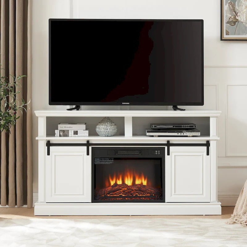 Media Console Table with Storage Cabinet, Mid Century Modern TV Console with 23 Fireplace Insert, Multipurpose Sliding Door TV