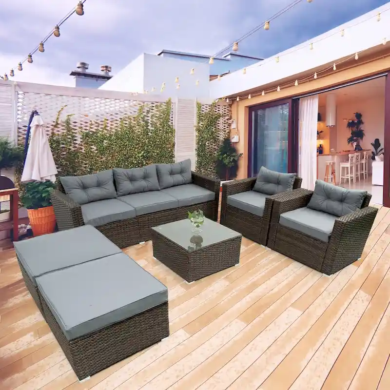 6 Piece Patio Rattan Outdoor Furniture Set, Patio Sofa Conversation Set with Coffee Table, Chairs and Ottomans