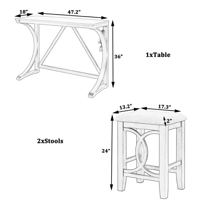 JVNOXK Farmhouse-Style 3-Piece Bar-Height Dining Table and Chair Set Features USB Ports and Padded Stools Ideal for Dining Rooms White