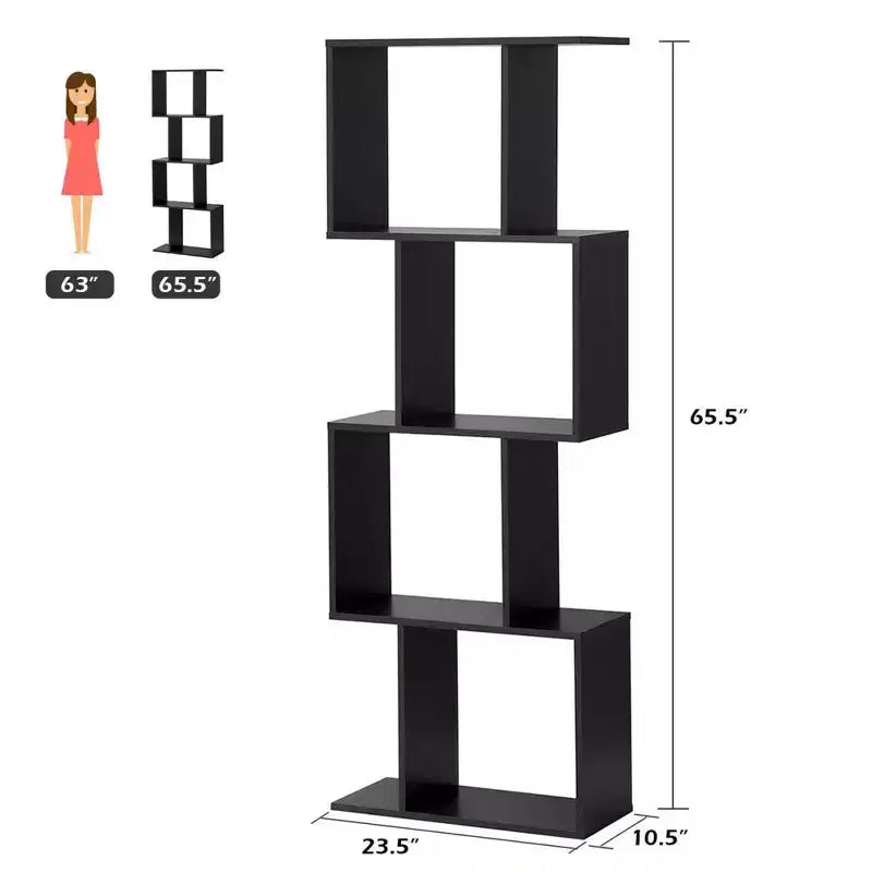 4-Tier S-Shaped Bookcase, Free Standing Storage Rack, Black