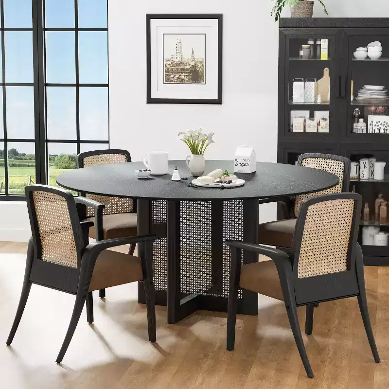 PexFix 60 x 60 Farmhouse Kitchen Dining Room Table Furniture Round Black Kitchen Table with Rattan Woven Legs for Kitchen Bar Living Room