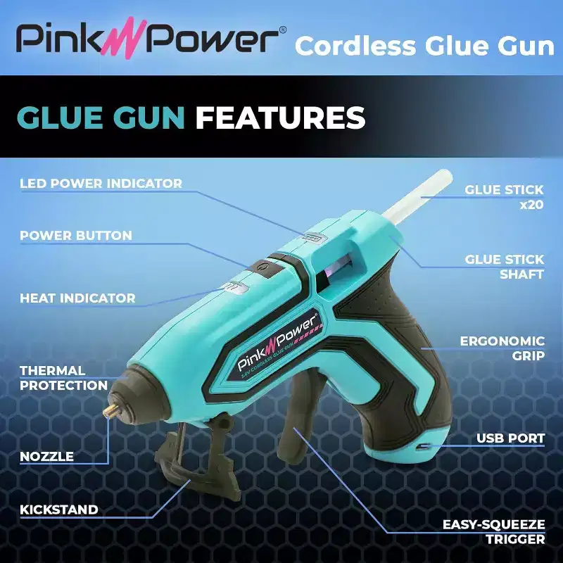 Pink Power Mini Cordless Hot Glue Gun Kit with Stand - 20 Sticks, Wireless, Fast Heating, Glue Gun - Aqua Splash