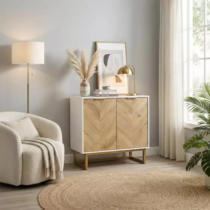 FurnitureR Modern Sideboard Cabinet with Chevron Doors, 2-Door Storage Console with Metal Base, Accent Storage for Dining Room, Living Room, Entryway
