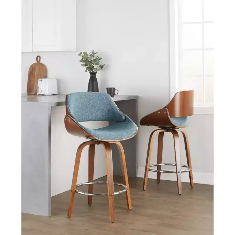 LumiSource Set of 2 Fabrizzi Counter Height Barstools Walnut/Blue : Upholstered Swivel, Kitchen-Compatible