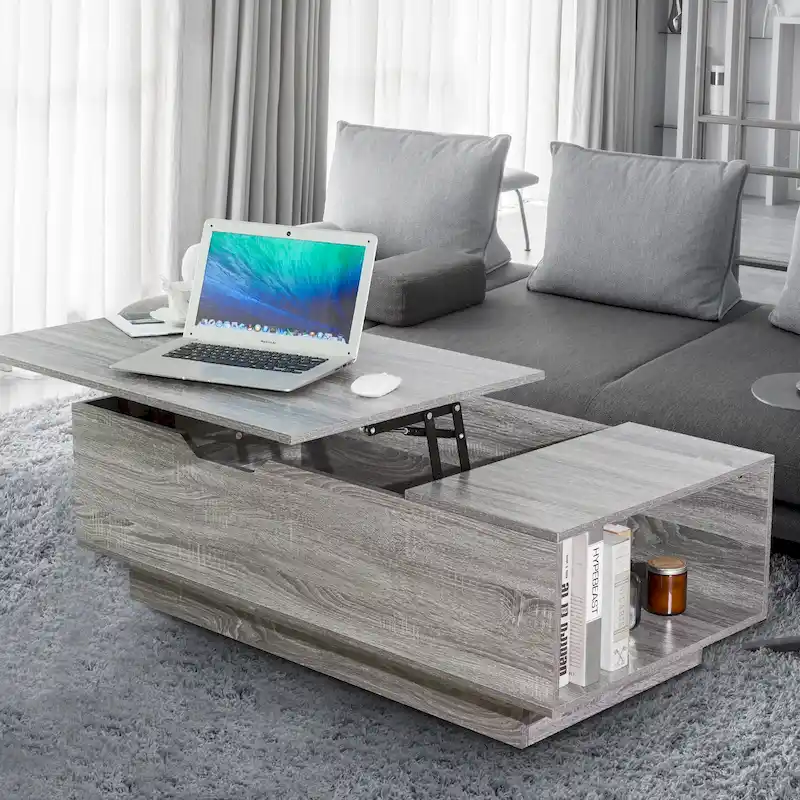 New Adjustable Top Coffee Table in Walnut or Grey, Rectangle Living Room Desk with Storage