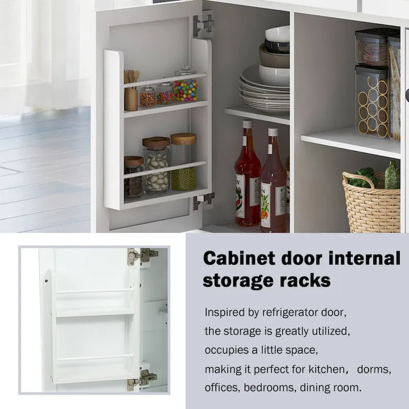 White Rolling Kitchen Island Cart with 5 Wheels Drop Leaf Rubberwood Top 3 Drawers and Spice Rack