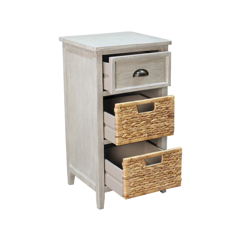 Solid Wood & Water Hyacinth 1-Drawer Grey Accent Cabinet