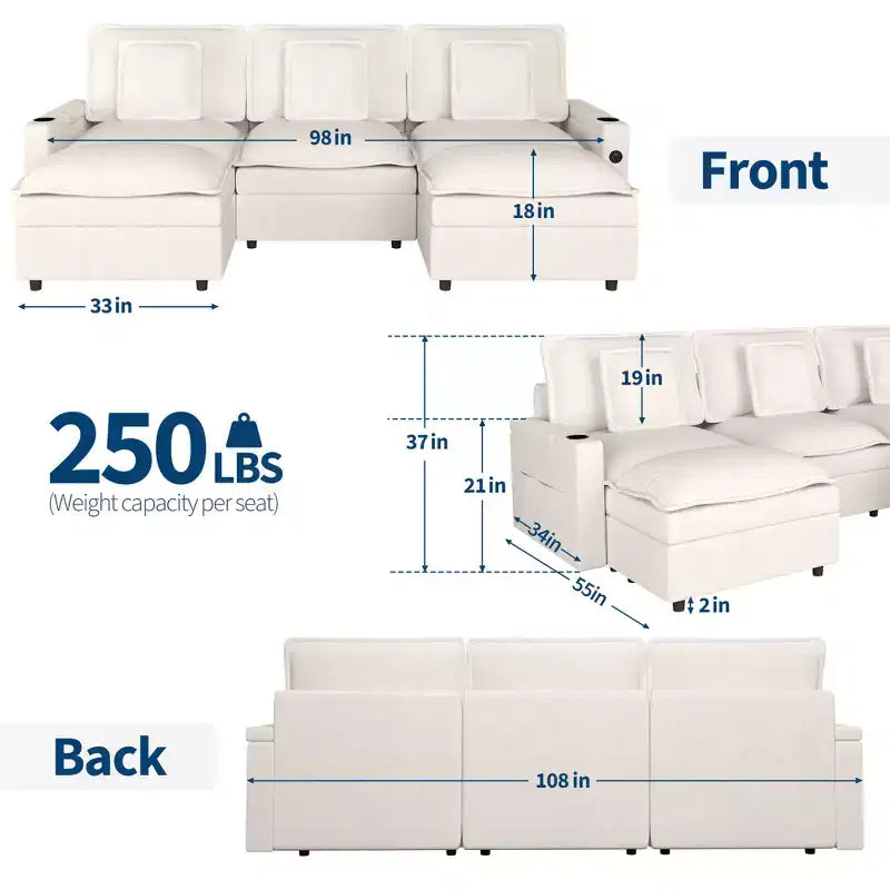 108 Inch Chenille Modular U Shaped Cloud Couch, 3-Seater Sofas with Movable Ottoman and Cup Holder, Sectional Couches for Living Room