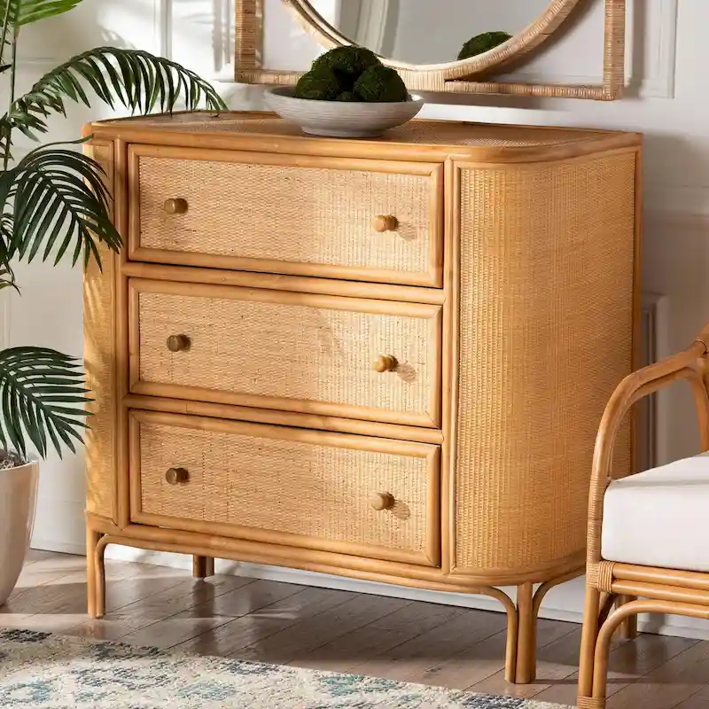 Bohemian Light Honey Rattan 3-Drawer Storage Cabinet