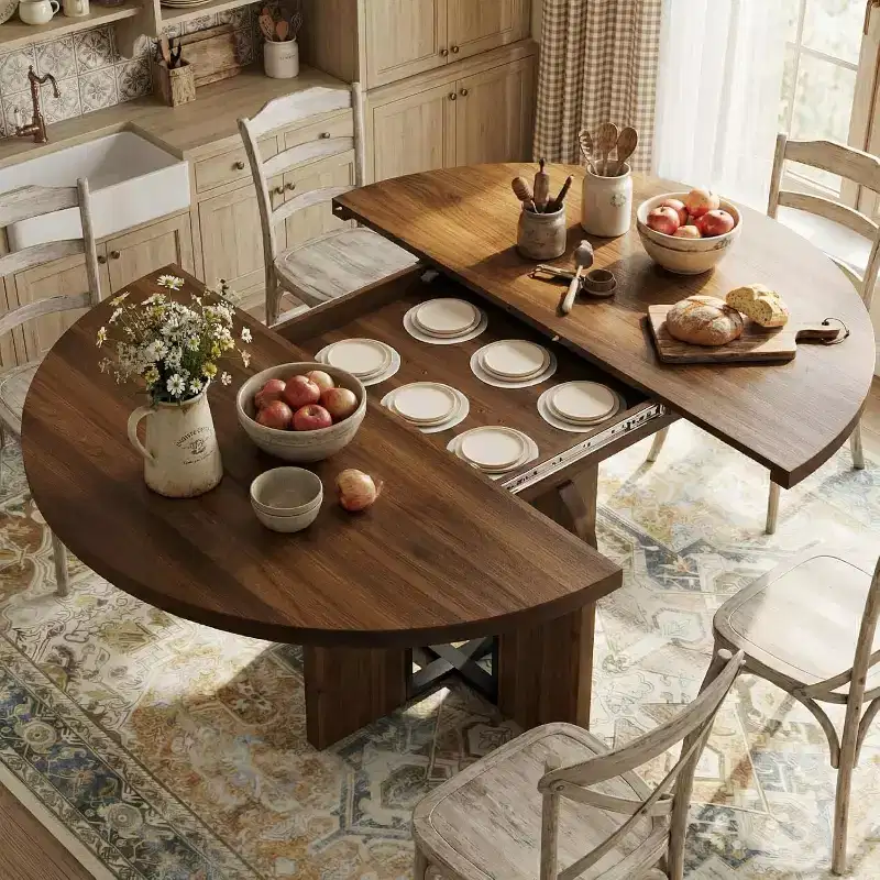 47-63 Extendable Round Dining Table for 4-8, Farmhouse Wood Expandable Kitchen Table with Metal Frame, Oval Space Saving for Apartment, Retro Gray